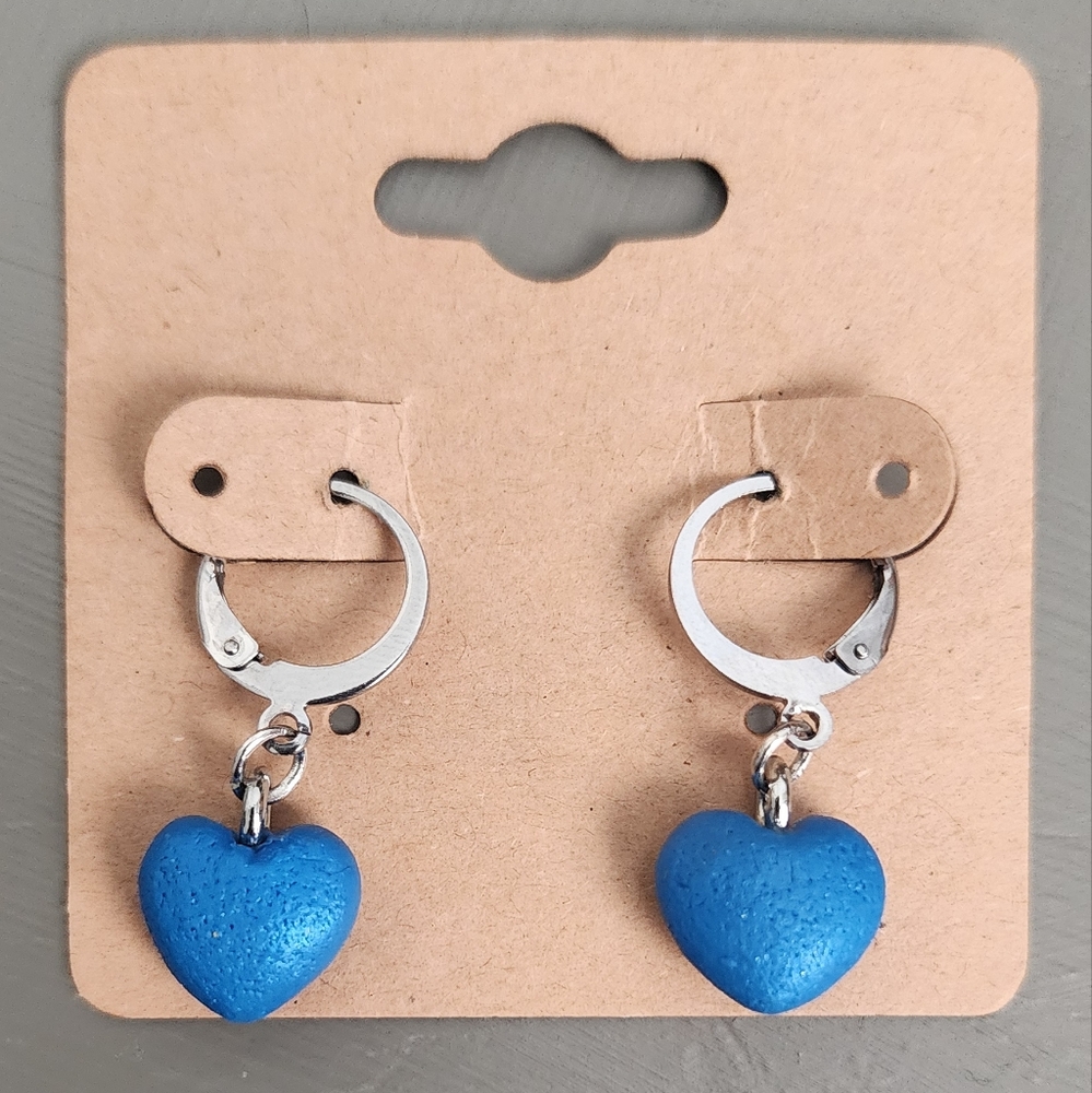 Blue Heart Clay Leverback Dangle Earrings